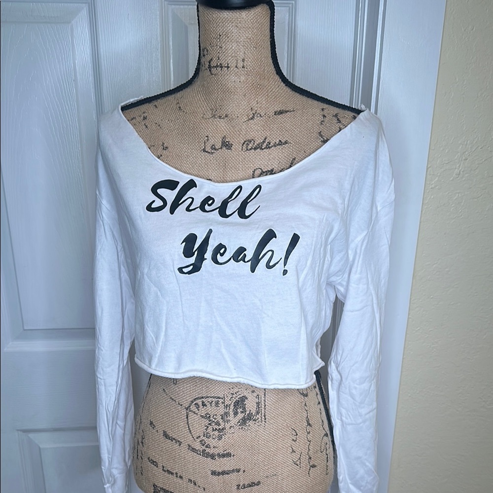 White Long Sleeve Crop Tee with Bold Graphic